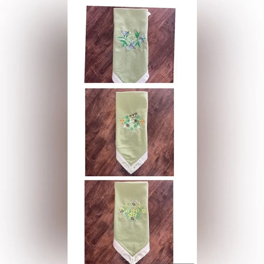 Upcycled Set of 3 Sage Cotton Floral Embroidered Napkins with Cream Trim